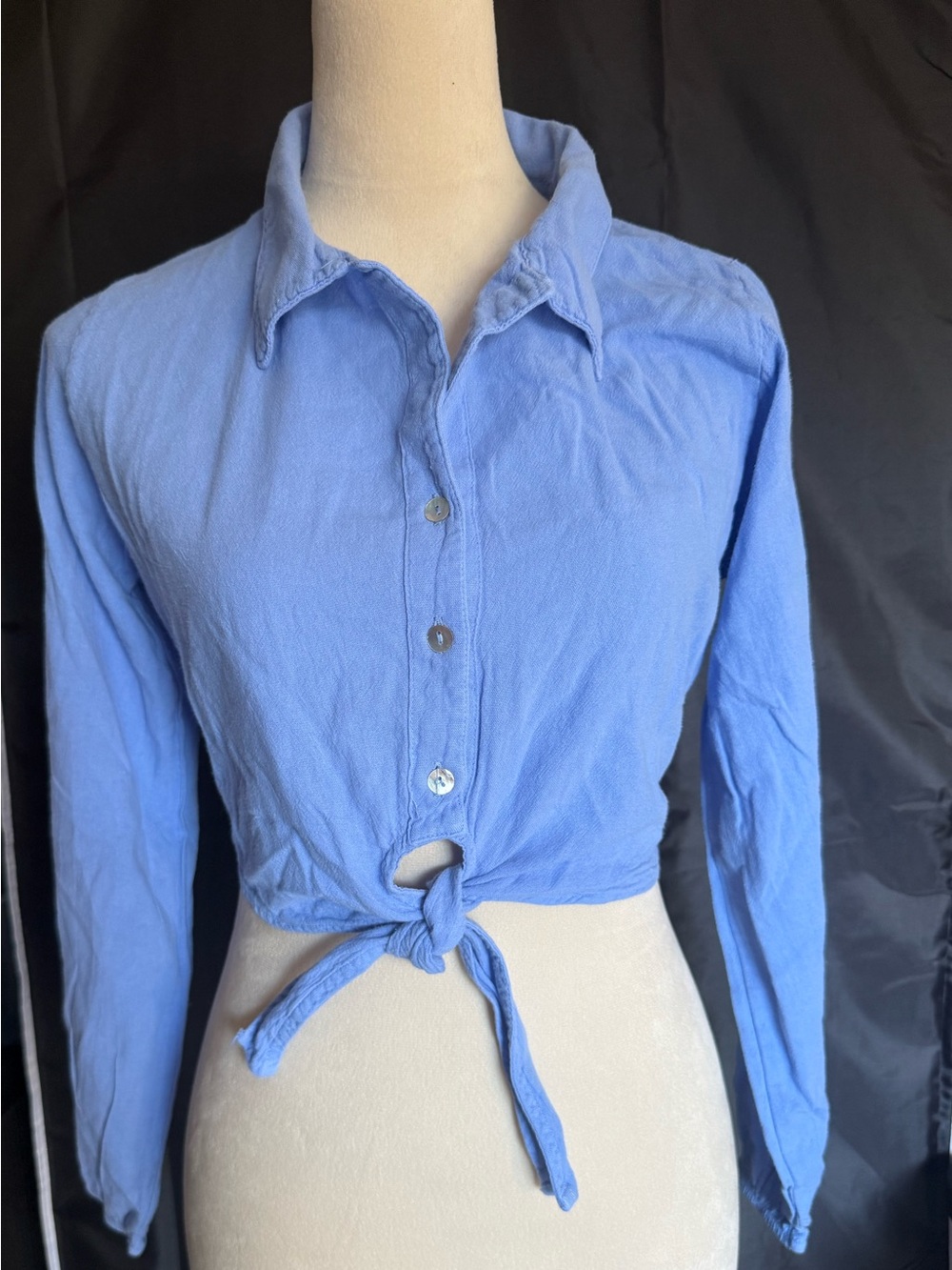 Cropped Tie-Front Button-Down Shirt in Light Blue